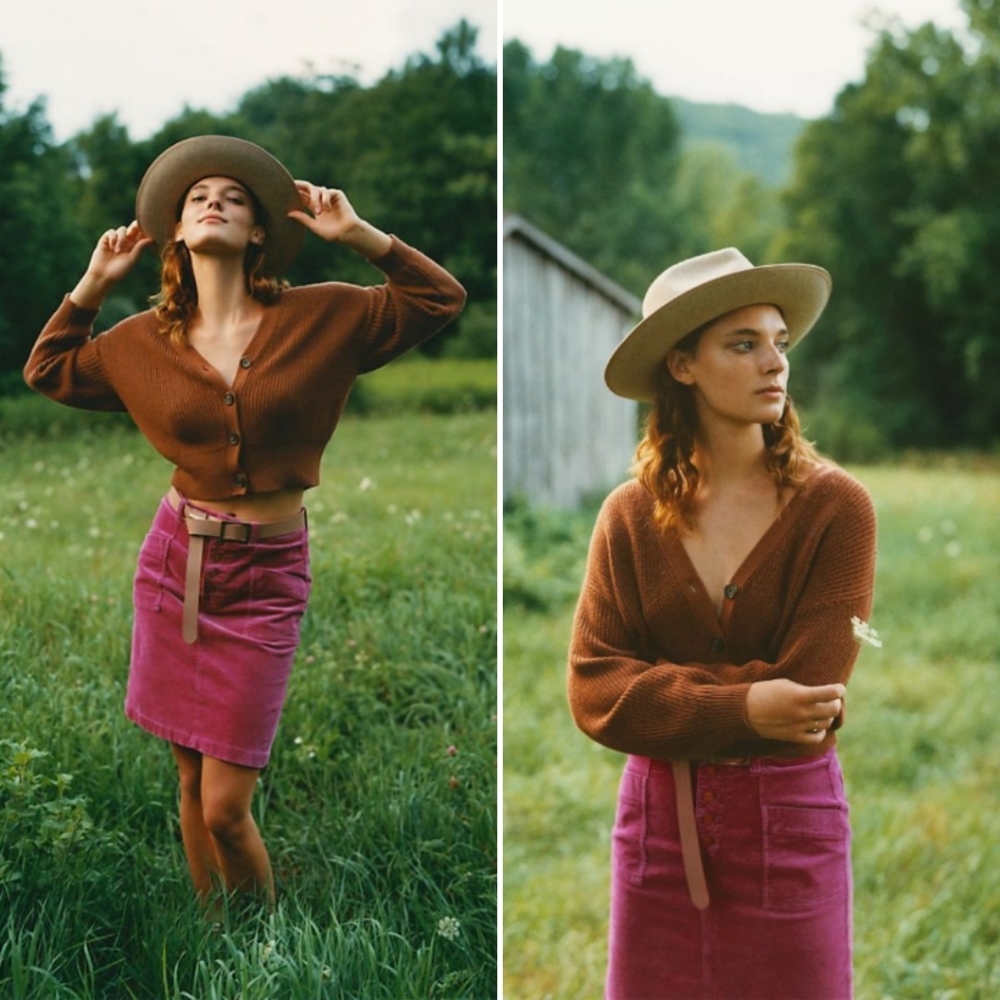 Anthropologie Brown Cropped Cardigan with Magenta Mini Skirt